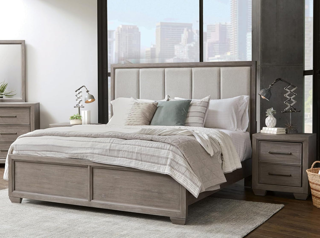 Roundhill Furniture Ennesley 3-Piece Gray Wood Bedroom Set, Upholstered Bed and 2 Nightstands, King