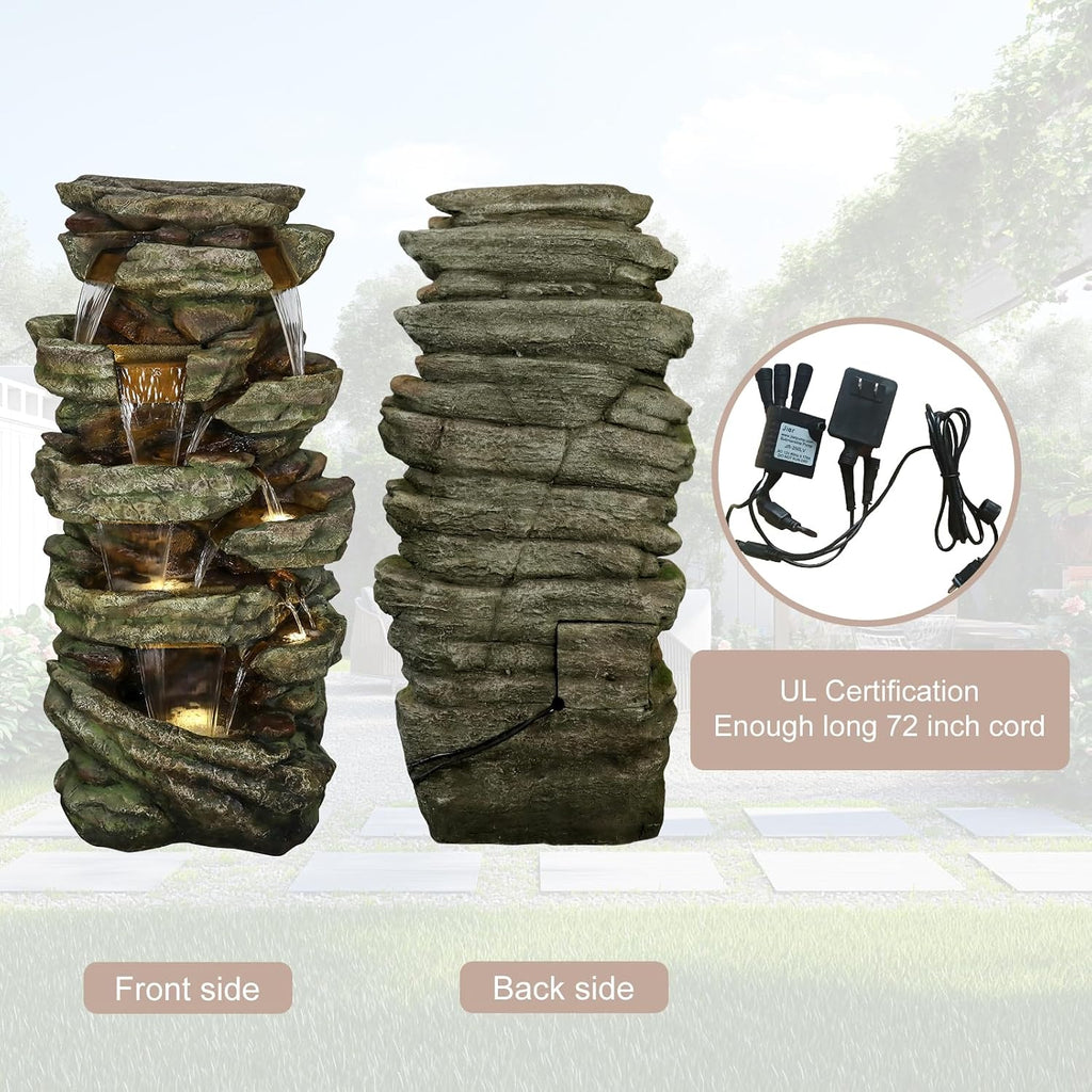 Naturefalls 59inches Outdoor Rock Water Fountain with LED Lights - Multi-Tiers Poly-Resin Cascading Waterfall Fountain for Garden, Patio, Yard, Home Decor