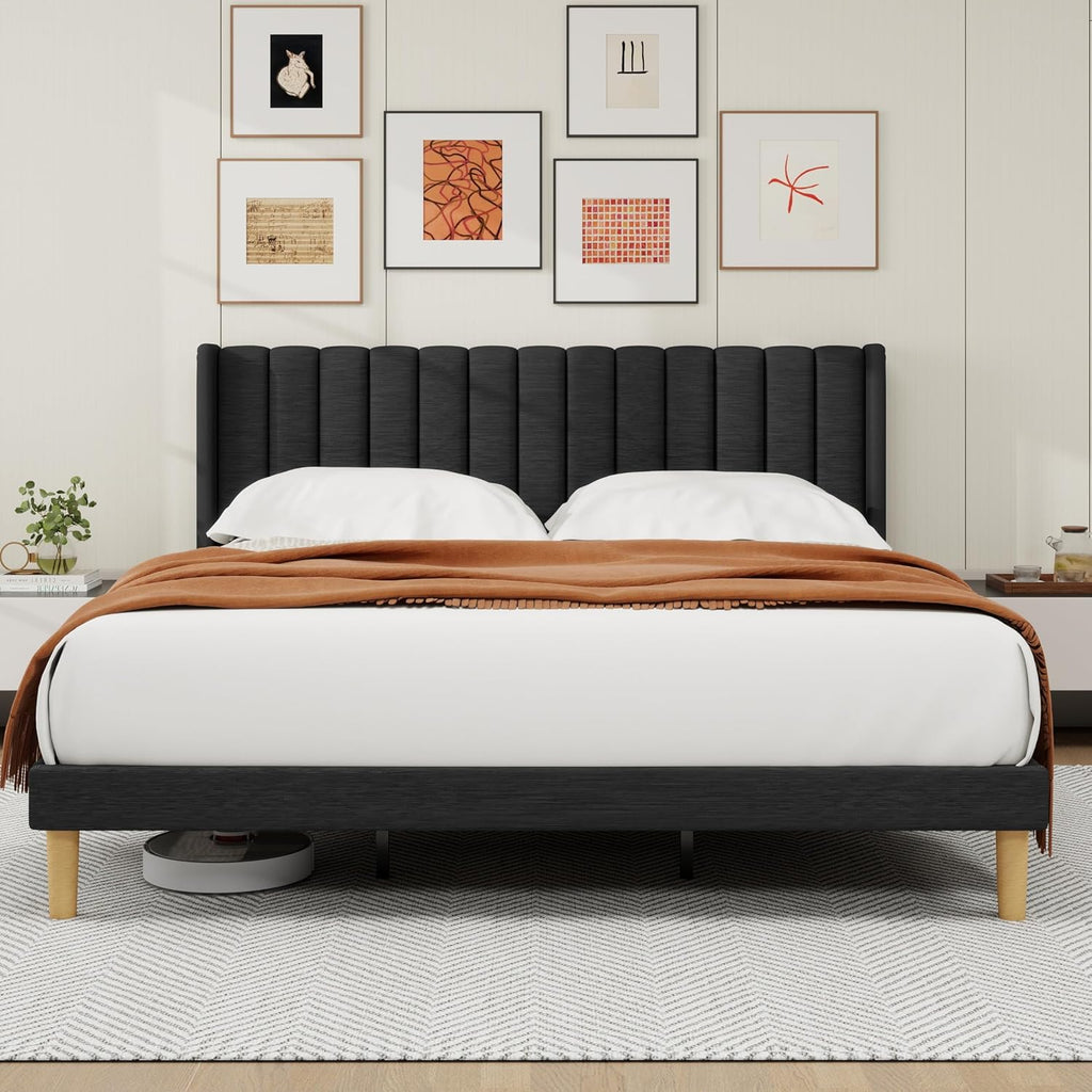 alazyhome Platform Bed Frame King Size with Upholstered Headboard, Solid Wood Slats Support, No Box Spring Needed, Noise Free, Easy Assembly, Modern Fabric Bed, Black