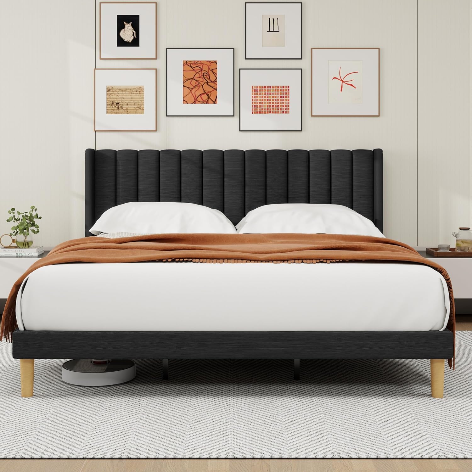alazyhome Platform Bed Frame King Size with Upholstered Headboard, Solid Wood Slats Support, No Box Spring Needed, Noise Free, Easy Assembly, Modern Fabric Bed, Black