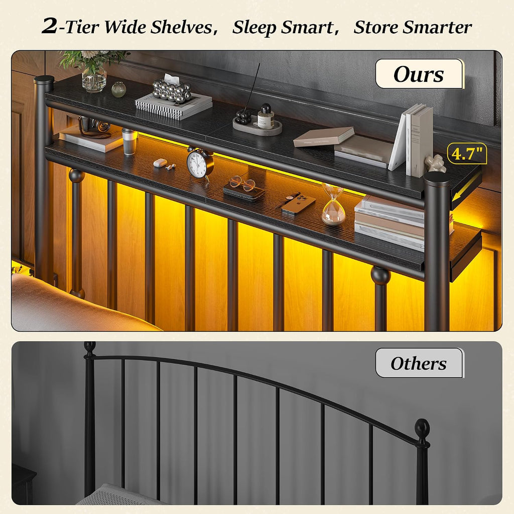 Homkdom 14 Inch Full Size Metal Platform Bed Frame with 2-Tier Storage Headboard, Victorian Bed Frame Full with Under Bed Storage/No Box Spring Needed/Easy Assembly, Black