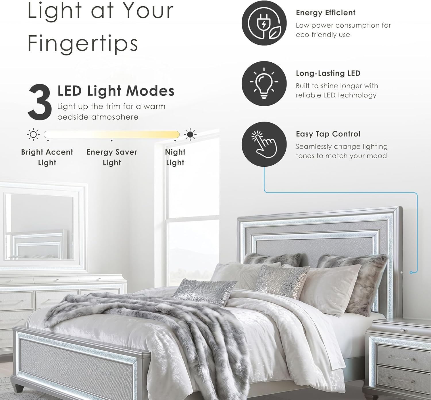 Furniture of America Silvia Glam Solid Wood 6-Piece Bedroom Set with Layered Frame Bed, Faux Crystal Trim LED on Nightstands, Chest and Dresser with Mirror, Box Spring Needed for Bedroom, King, Silver