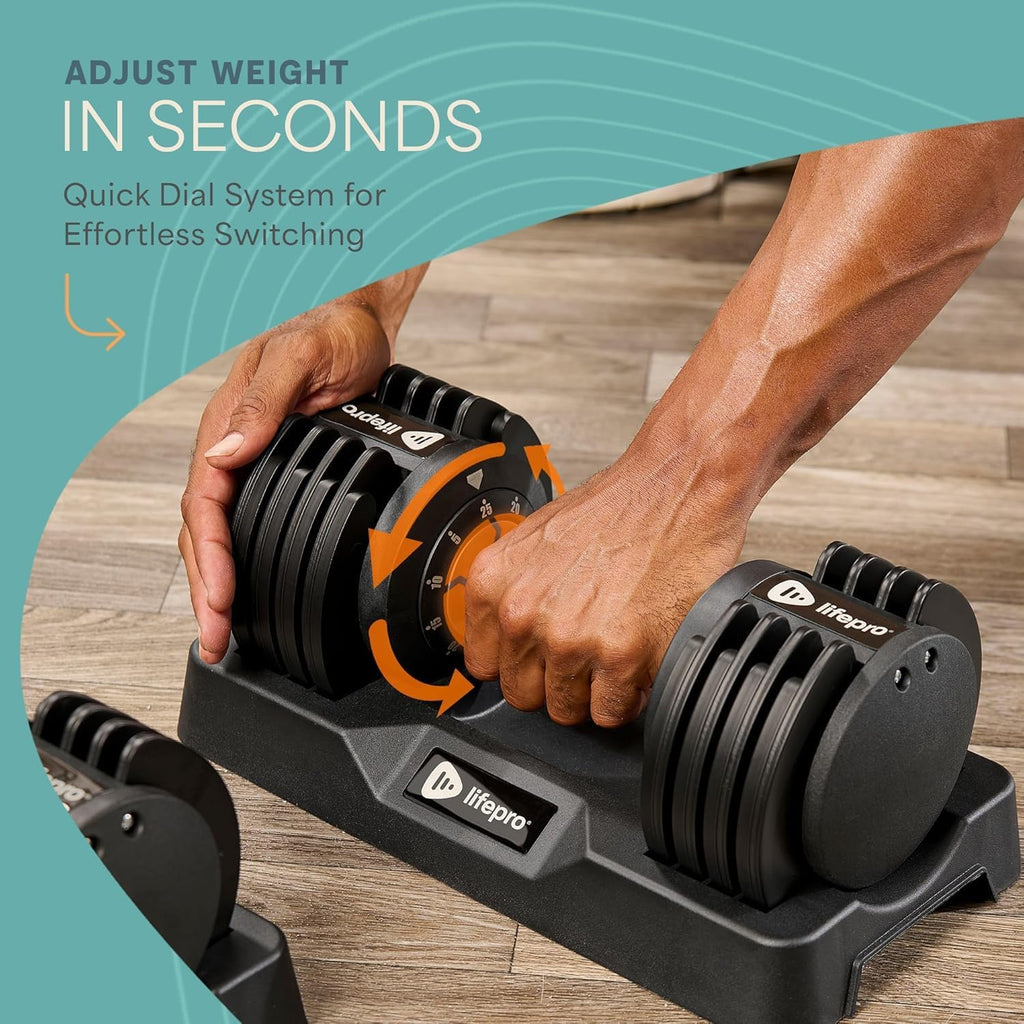 Lifepro Adjustable Dumbbells Set – Quick Adjustment, Anti Slip Handle – Space Saving & Strength Training Weights for Home Gym Exercise & Fitness