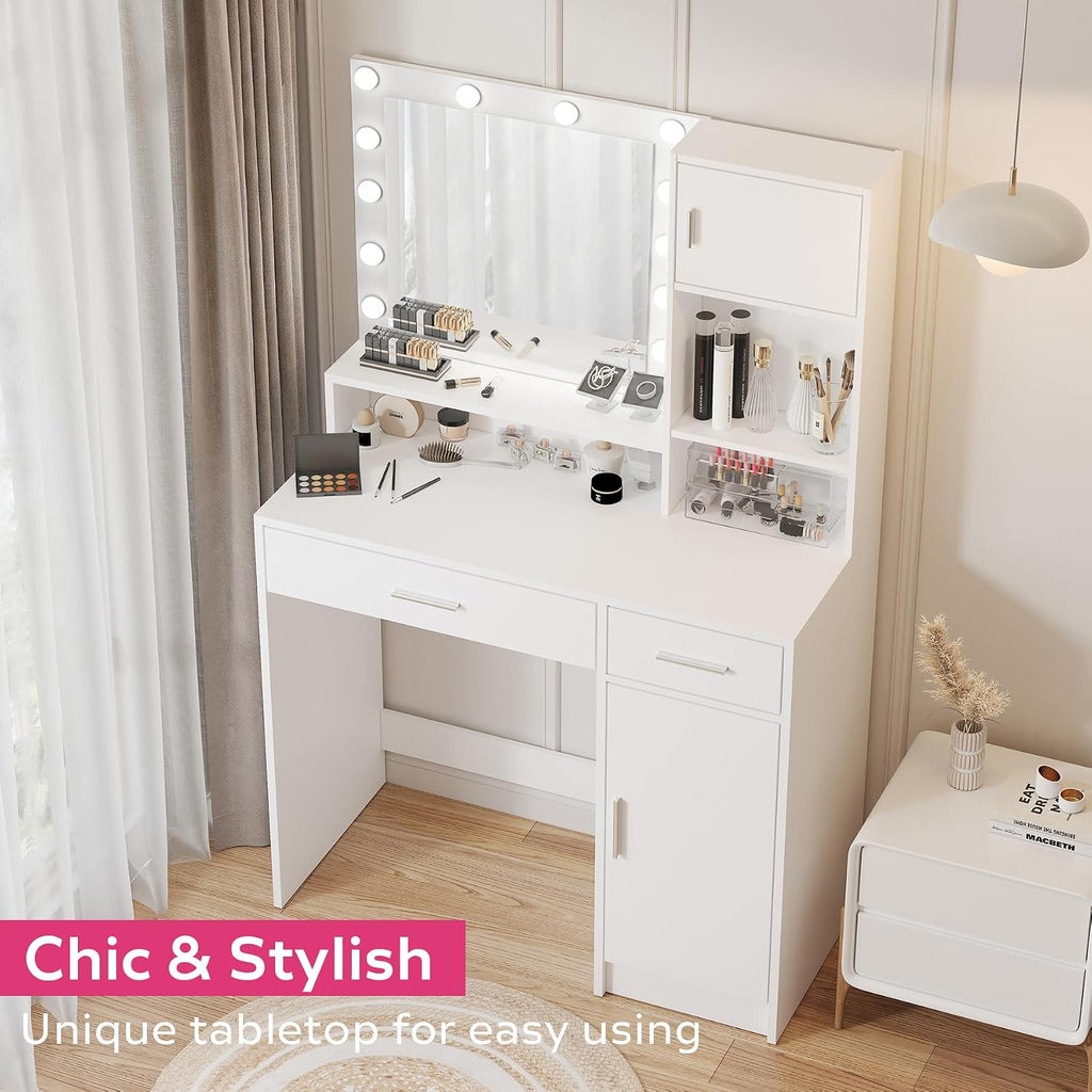 MIRROTOWEL Vanity Desk with Mirror and LED Light Strip,Dressing Table with Large Drawer, 3 Level Storage Dresser & 3 Lighting Modes Adjustable Brightness, Suitable for Bedroom