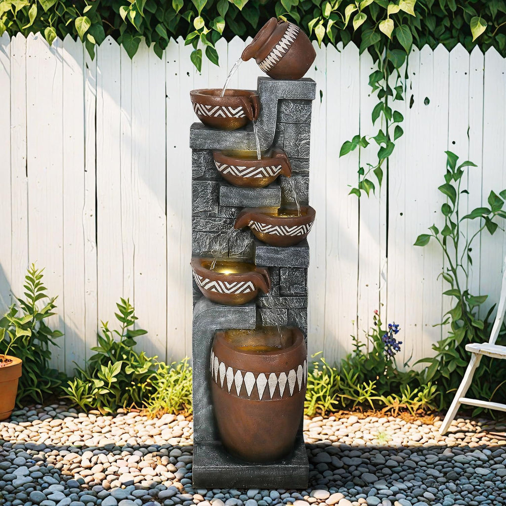 56.6in High Outdoor Indoor Water Fountain, 6-Tiered Poly-Resin Waterfall Fountain with LED Lights, Decorative Floor Standing Fountain for Garden, Patio, Yard, Home Decor
