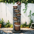 56.6in High Outdoor Indoor Water Fountain, 6-Tiered Poly-Resin Waterfall Fountain with LED Lights, Decorative Floor Standing Fountain for Garden, Patio, Yard, Home Decor