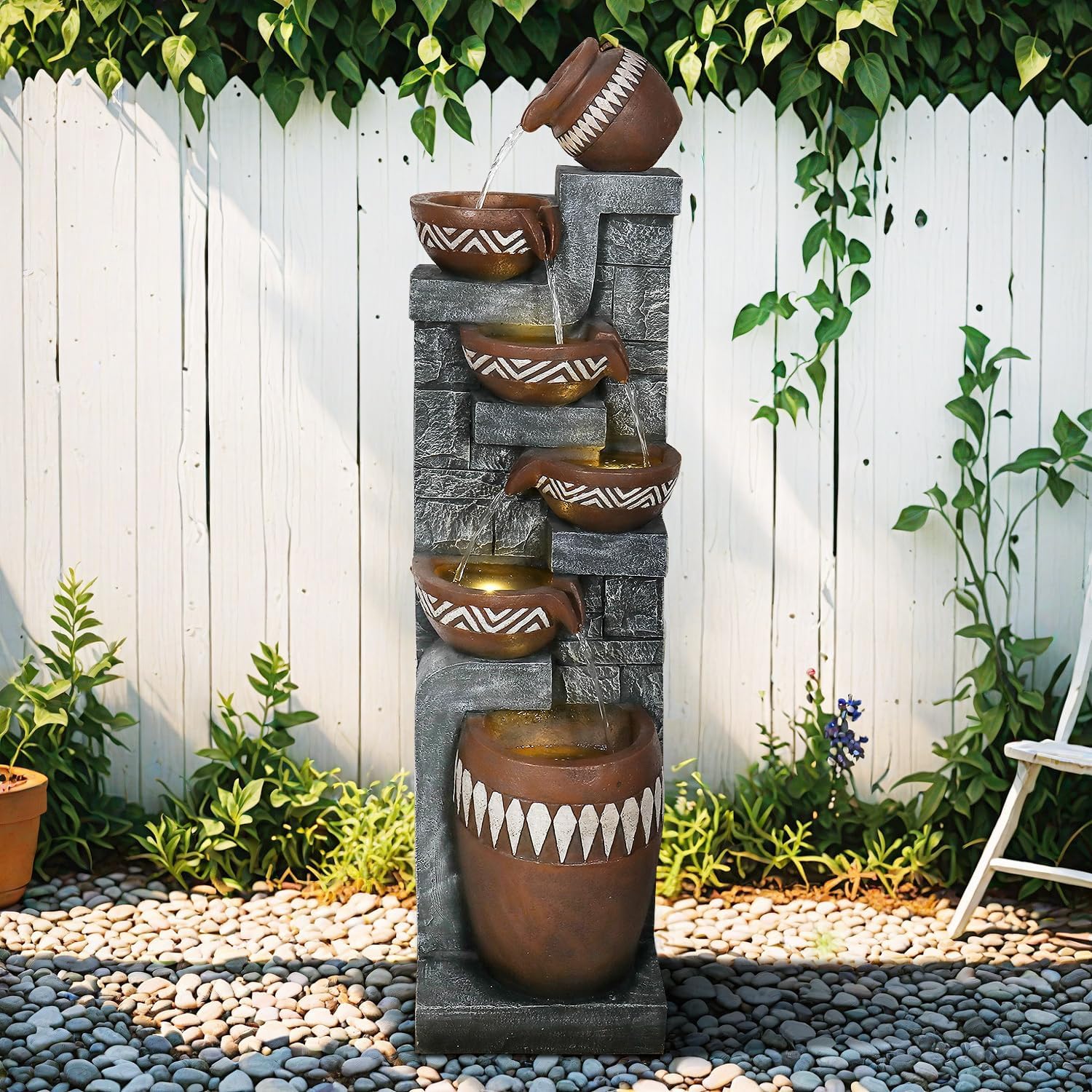 56.6in High Outdoor Indoor Water Fountain, 6-Tiered Poly-Resin Waterfall Fountain with LED Lights, Decorative Floor Standing Fountain for Garden, Patio, Yard, Home Decor