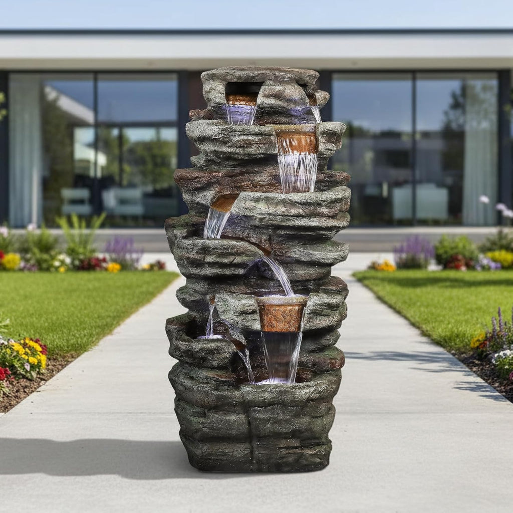 Naturefalls 48' High Outdoor Rock Water Fountain with LED Lights - Mutil-Tiers Poly-Resin Cascading Waterfall Fountain for Garden, Patio, Yard, Home Decor