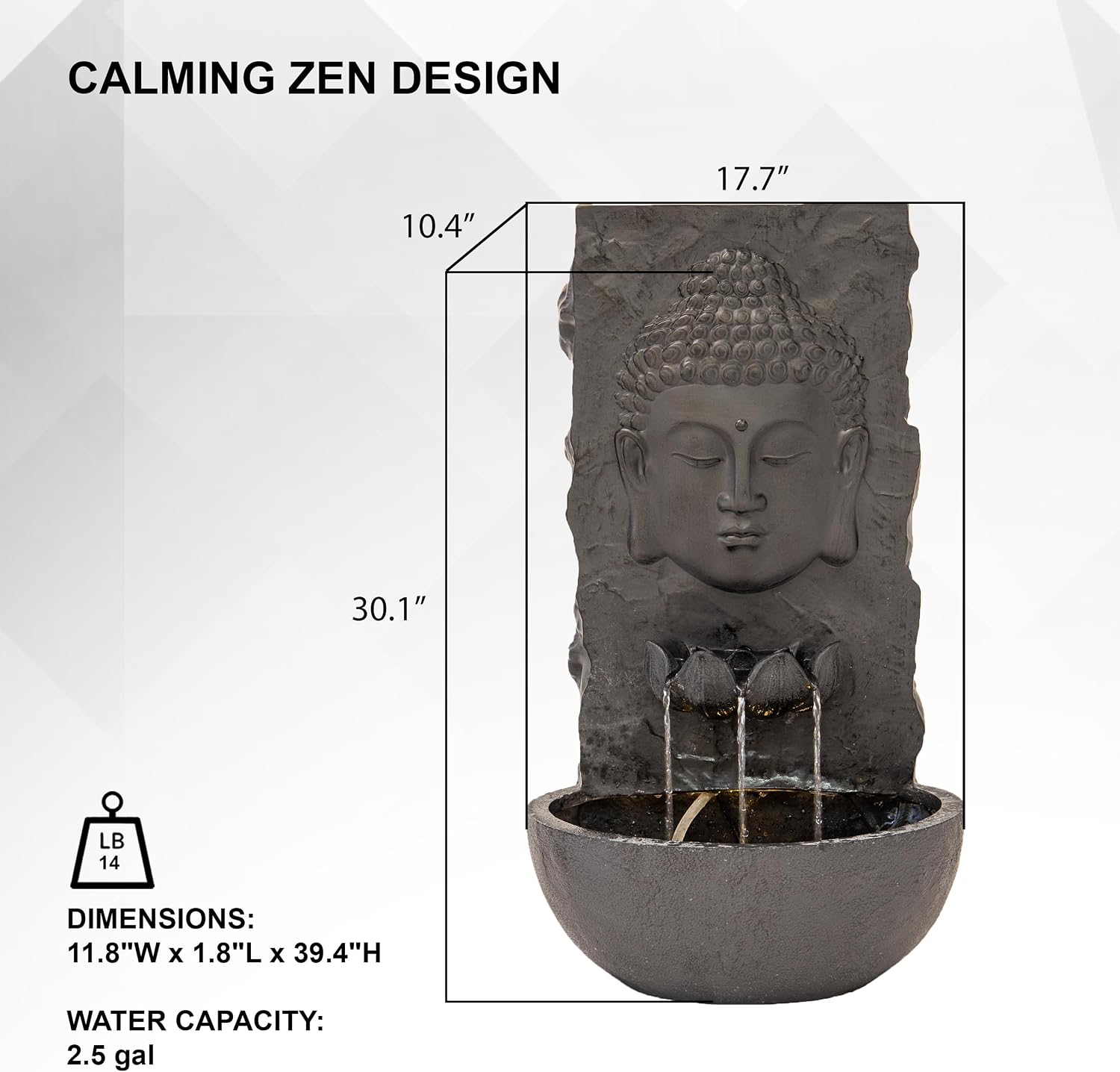 XBrand 30' H Buddha Water Fountain, Zen Wall Outdoor Garden Fountain w/Warm LED Light & Pump, Black Resin Water Fountain for Patio Backyard Home Decor