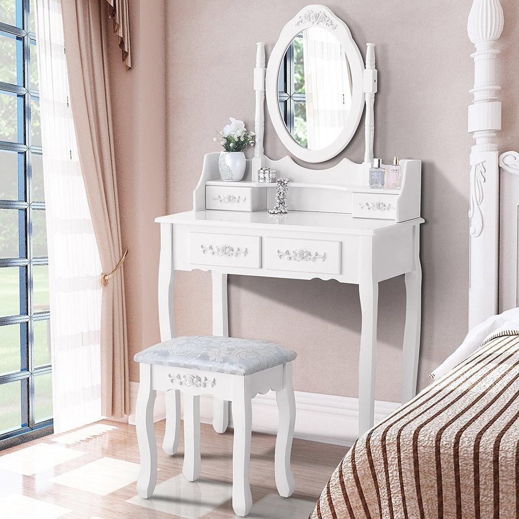 Whalefall Girls Makeup Vanity Set with Mirror and Stool, Small White Dressing Vanity Desk Table with Chair and Mirror (White Vanity)