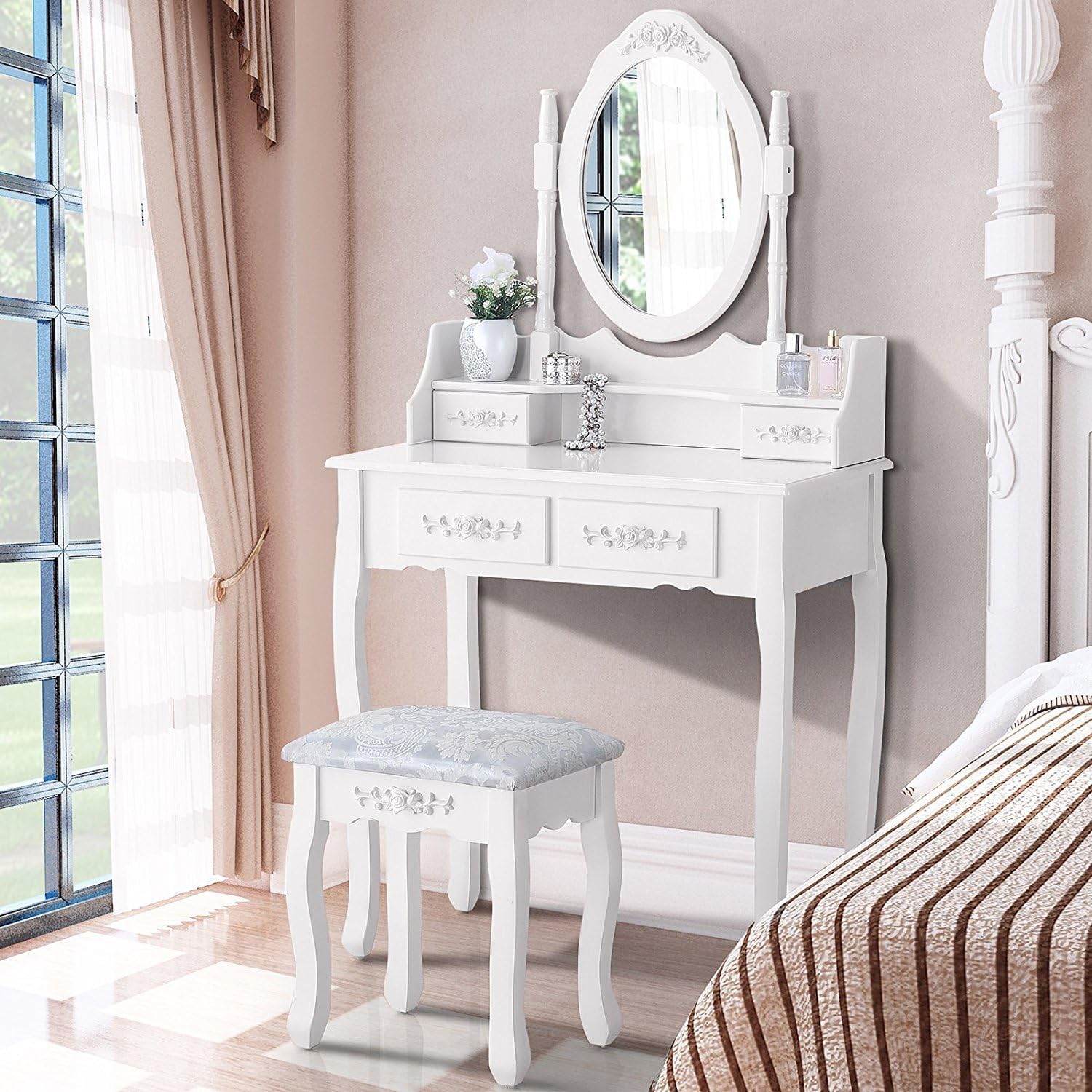Whalefall Girls Makeup Vanity Set with Mirror and Stool, Small White Dressing Vanity Desk Table with Chair and Mirror (White Vanity)