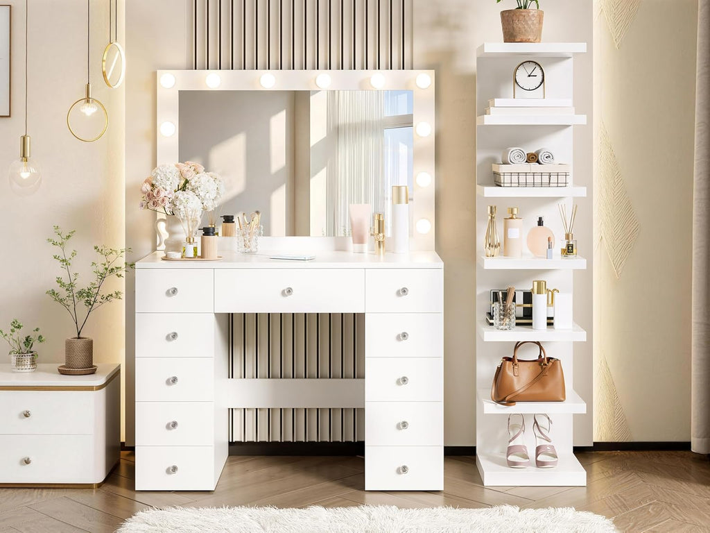 Merax 43.3' L Makeup Vanity with Mirror and Light, Extra 7-Tier Storage Shelves, White Vanity Desk Dressing Table with Power Outlet and 11 Drawers, 3 Color Light Modes for Bedroom or Dressing Room
