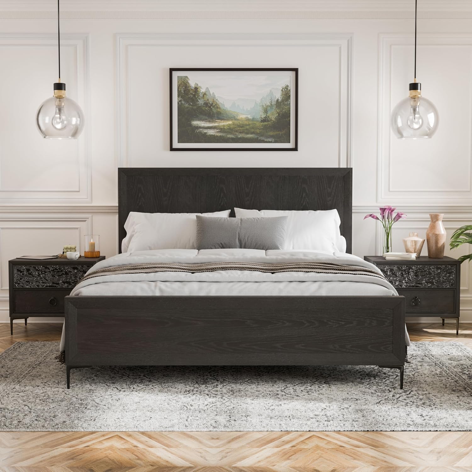 Furniture of America Glint Modern 3-Piece Solid Wood Bedroom Collection with King Bed Frame and USB Charger Nightstands Set of 2, for Home, Guest Room, Box Spring Needed, Espresso