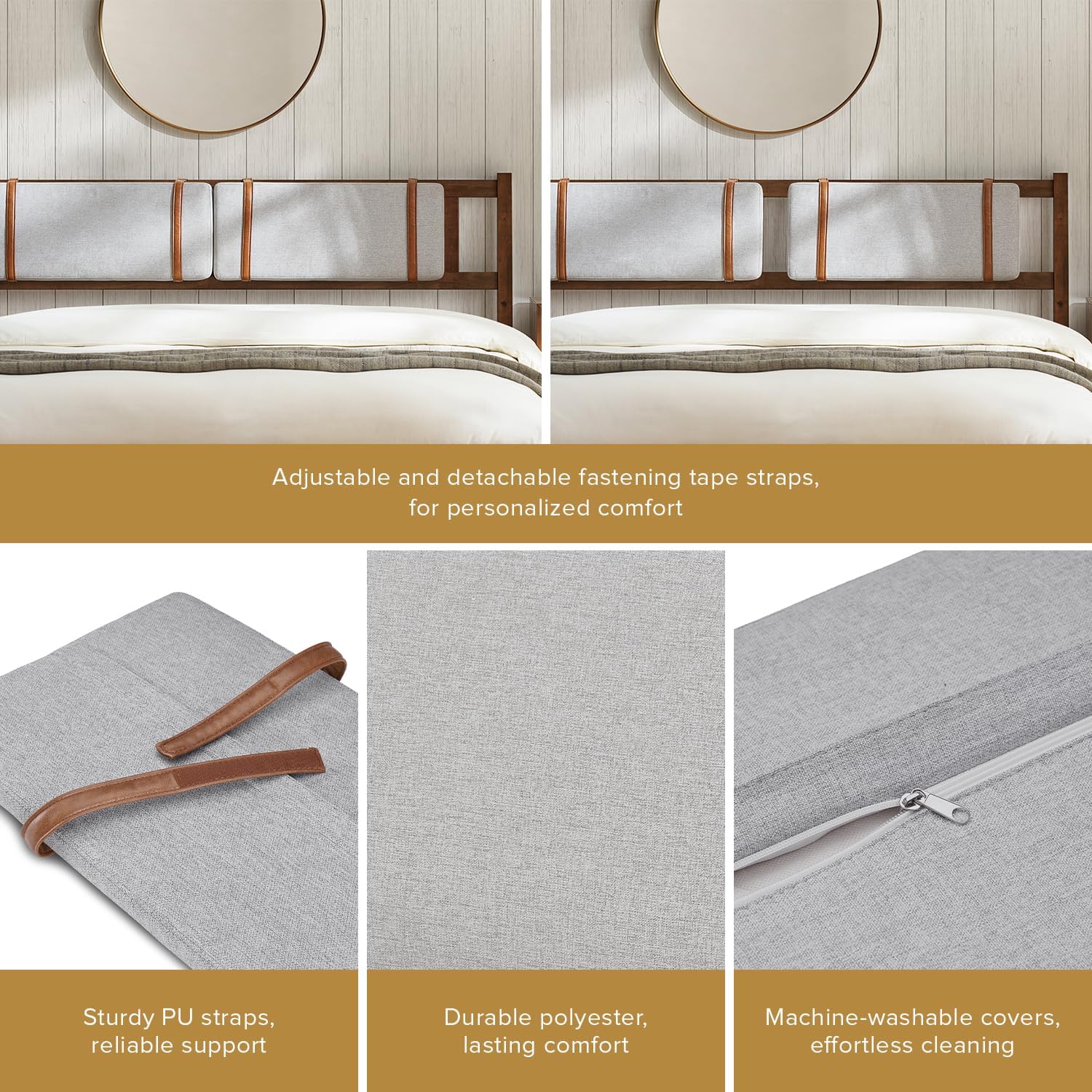 mopio Ted Bed Frame with Headboard, Mid Century Modern Acacia Solid Wood Platform Bed Frame, Wooden Slats, No Box Spring, Double Metal Bar Support (Solid Wood Upholstered, King (U.S. Standard))