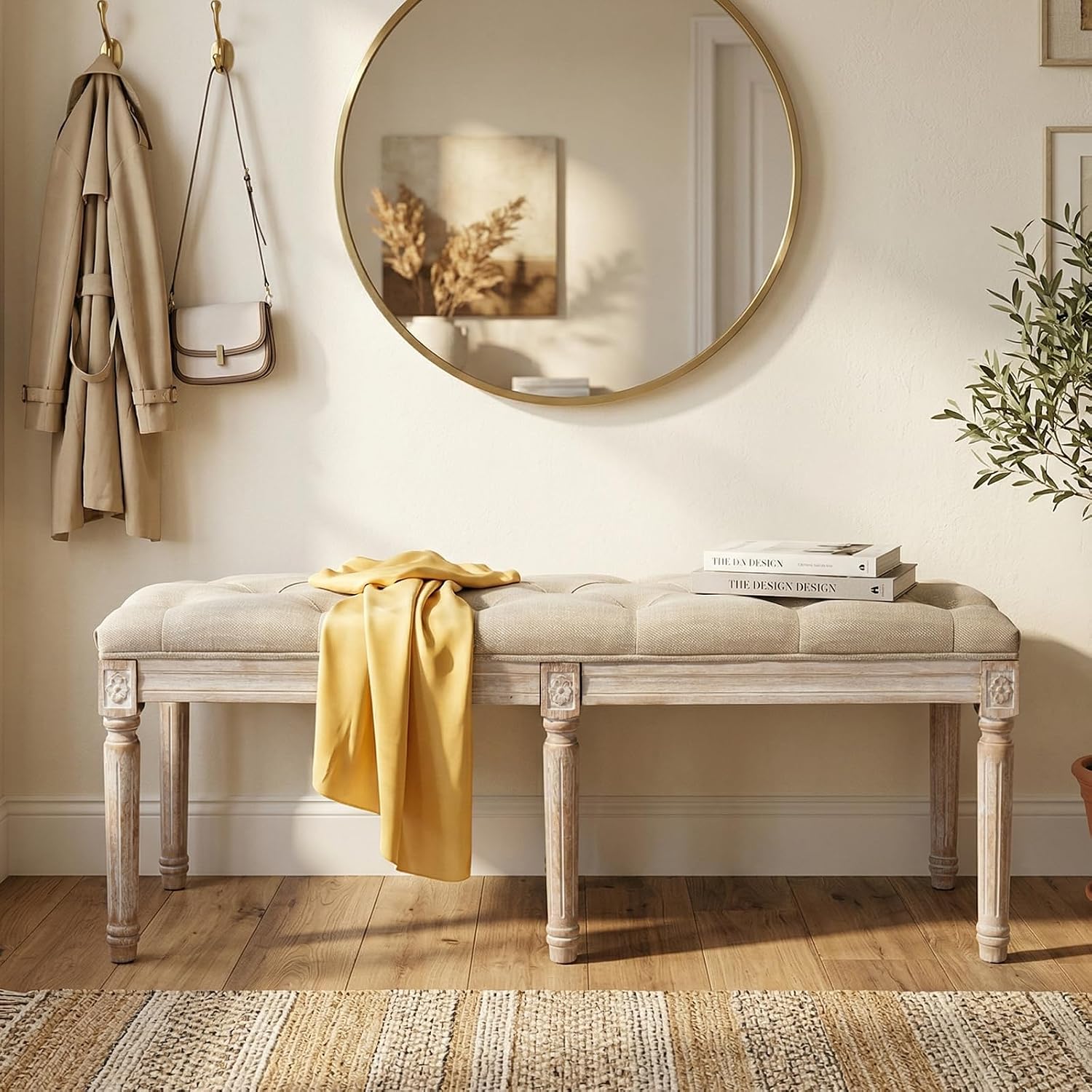 Tufted Dining Bench French Vintage Fabric Upholstered Wood Dining Room Bench Rustic Entryway Bench Bedroom End Bed Bench, Beige 45' Long