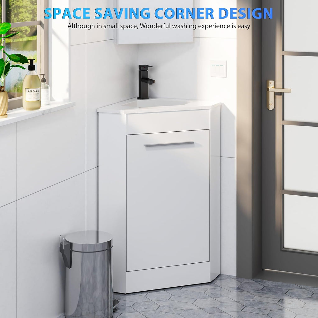 eclife 26' Corner Bathroom Vanity Sink Combo for Small Space Freestanding Storage Cabinet with White Resin Sink and Matte Black Faucet, White