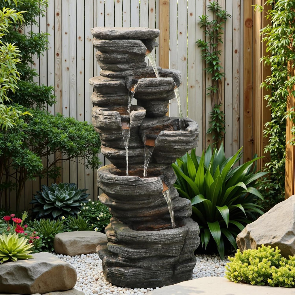 Bumilgar 42.5' H Garden Outdoor Water Fountain with LED Lights & Pump, Mutiply-Tier Cascading Outdoor Fountain for Garden,Patio,Porch,Backyard,Home Art Decor