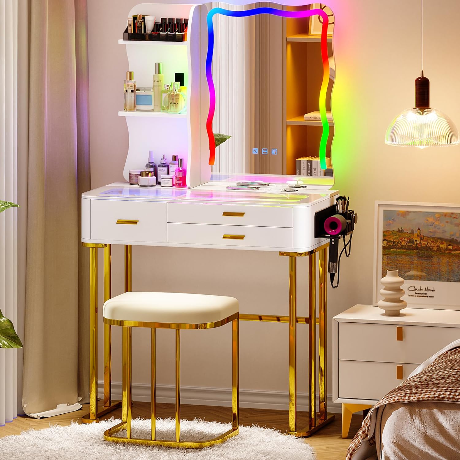 Lvifur RGB Small Vanity Desk with 7 Dynamic & 7 Static Lights, Glass Top Vanity Table with Wireless Charging Station, Make up Vanity Set with Mirror and Cushioned Stool, Gift for Little Girls