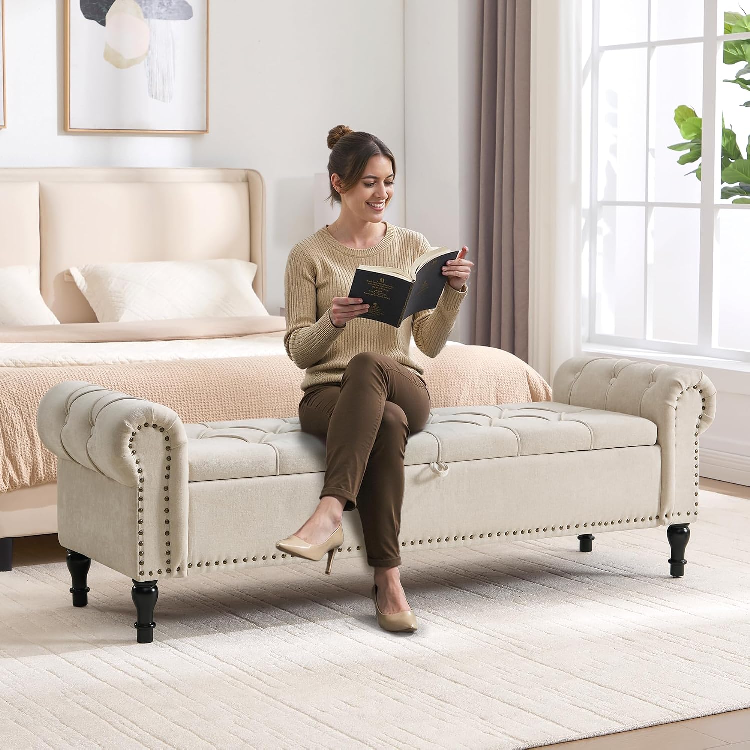 Storage Bed Bench for Bedroom, Chenille 67' End of Bed King Size Benches with Armrest, Tufted Button Upholstered Ottoman Bench for Living Room, Entryway, Camel