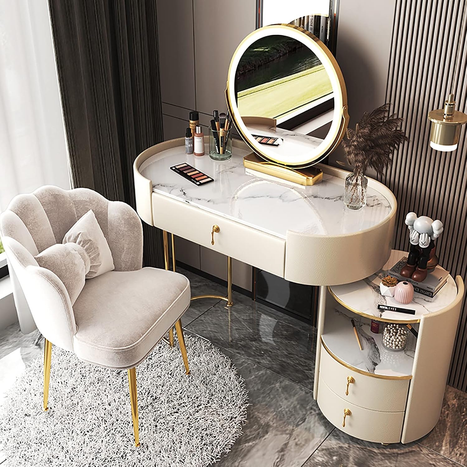 Dresser Table Women Vanity Makeup Table Set Makeup with 3 Drawers Dressing Table with Lighted Mirror and Chair Vanity Benches Desk for Her (Color : White, Size : L:80cm/31.5')