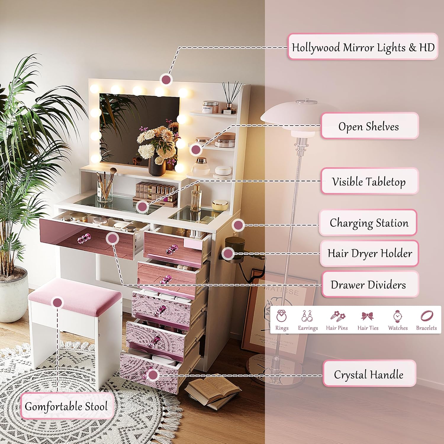 Merax 37' Pink Vanity Desk with Mirror and Lights and Storage Stool, Modern Dressing Table Set with 6 Pink Finish Drawers and Visual Glass Top and Charge Station for Bedroom or Dressing Room