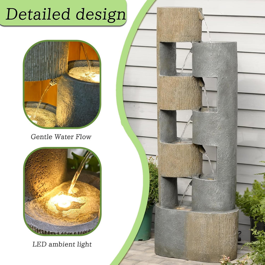 Sunlinua 51 Inch Outdoor Water Fountain with LED Lights Tiered Waterfall Fountain Garden Water Feature Durable Resin Fiberglass with Pump Stones Weatherproof Indoor Outdoor Patio Decor