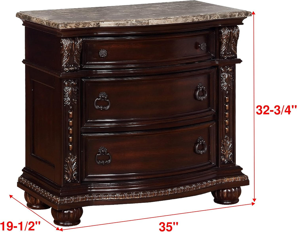 MASARA 3-Piece Cherry Wood Bedroom Set-King Bed with Faux Leather upholstered headboard + 2 Nightstands