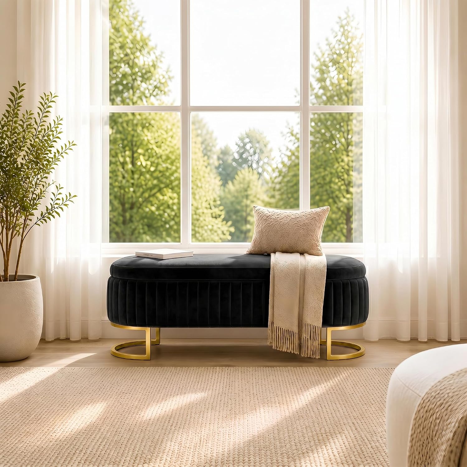 50.5' Modern Velvet Storage Bench, Luxury Channeled Queen Size End of Bed Bench with Hidden Storage and Gold Legs, Modern Glam Ottoman Bench for Bedroom, Living Room, Entryway, Black