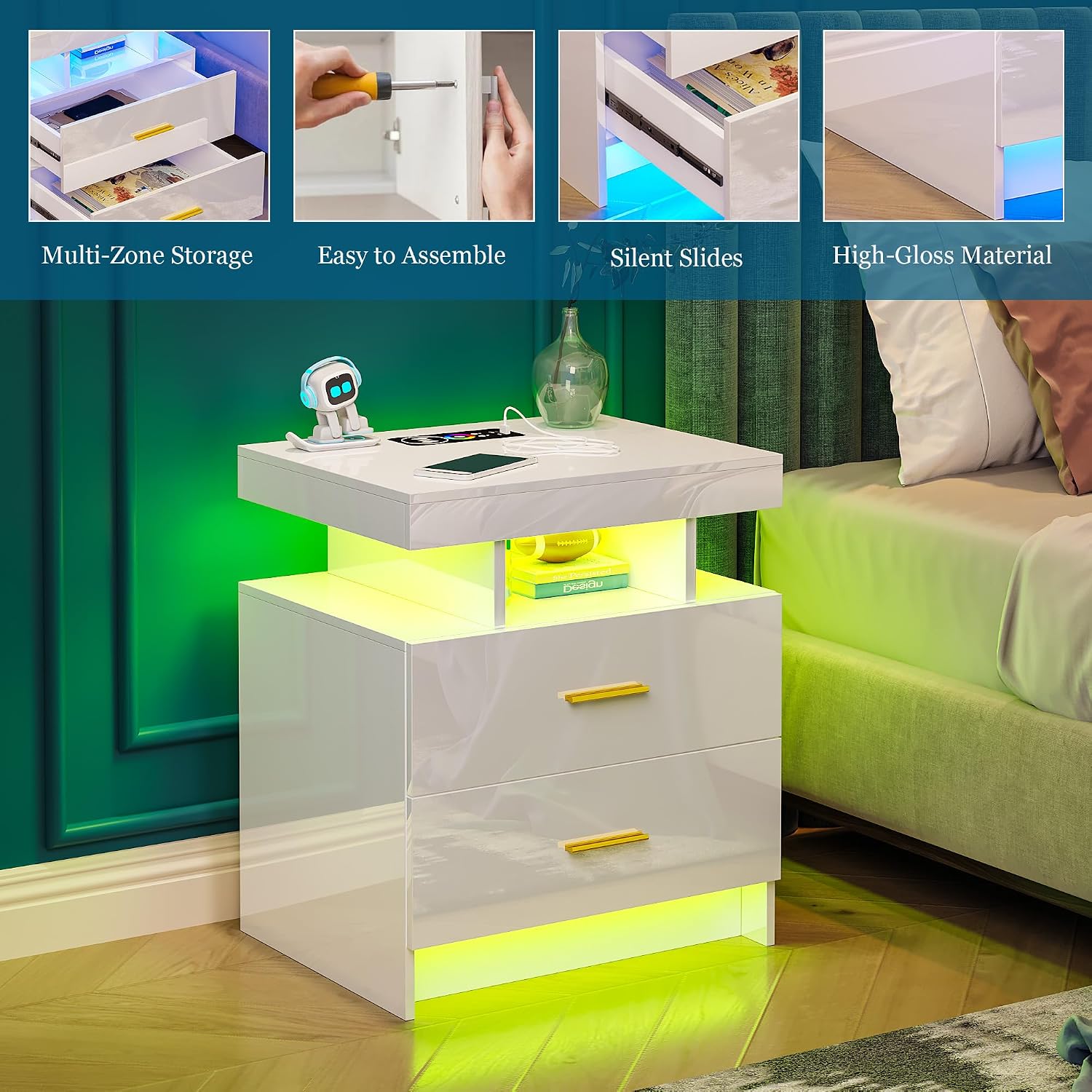 WOOVIVS Night Stand Set 2 with USB/Type-C/Wireless Charging Station, White Nightstands with RGB Auto LED Lights, Modern Bedside Table Set of 2 with 2 Drawers for Bedroom Furniture