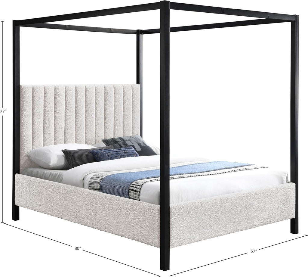 Meridian Furniture KellyCream-F Kelly Collection Modern | Contemporary Full Bed with Rich Cream Boucle Fabric, Matte Black Iron Metal Frame Canopy, 57' W x 80' D x 77' H, Cream, Full