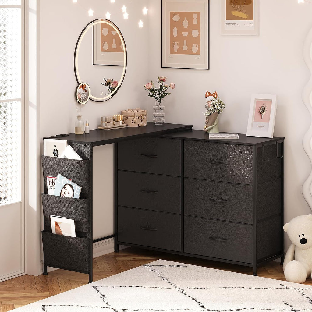 Simoretus Modern Corner Vanity Desk with 6 Fabric Drawers Power Outlet Side Pocket L Shaped Drawers Makeup Desk Dressing Table for Girls Women Bedroom (Black)