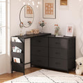 Simoretus Modern Corner Vanity Desk with 6 Fabric Drawers Power Outlet Side Pocket L Shaped Drawers Makeup Desk Dressing Table for Girls Women Bedroom (Black)