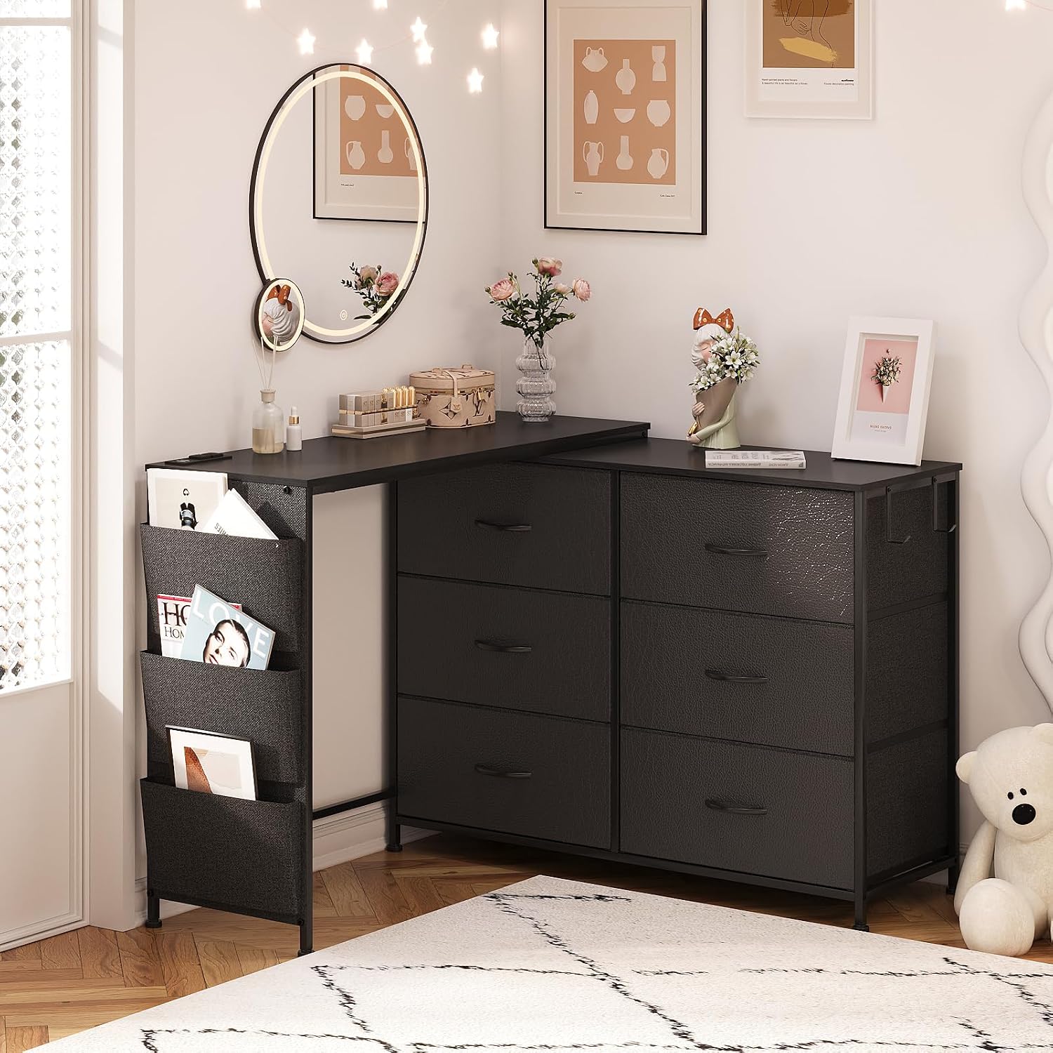 Simoretus Modern Corner Vanity Desk with 6 Fabric Drawers Power Outlet Side Pocket L Shaped Drawers Makeup Desk Dressing Table for Girls Women Bedroom (Black)