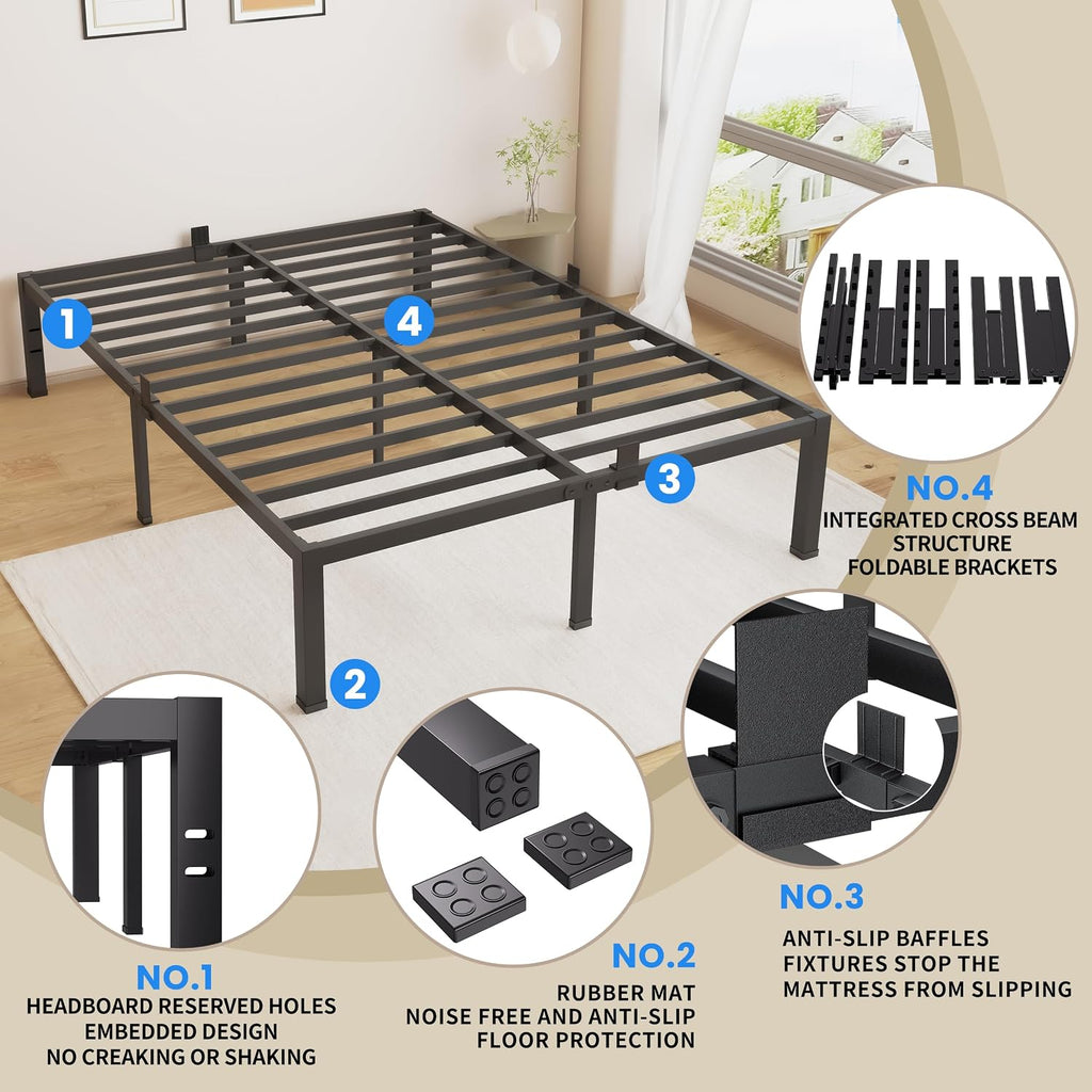 MAF 18 Inch King Size Bed Frame No Box Spring Needed Heavy Duty Platform King Bed Frame Steel Slat Support High Platform Bedframes with Storage Size Black Metal