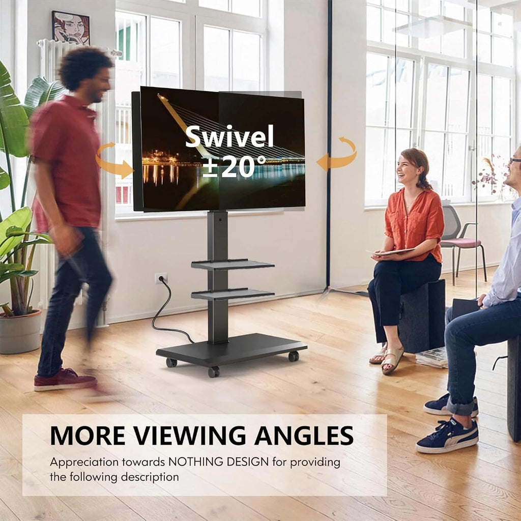 FITUEYES Rolling TV Stand for 32-75 Inch TVs, Portable Mobile TV Stand on Wheels with Power Outlet, Height Adjustable Rotating Floor TV Stands with Swivel Mount and Metal Base Hold Up to 88 Lbs, Black