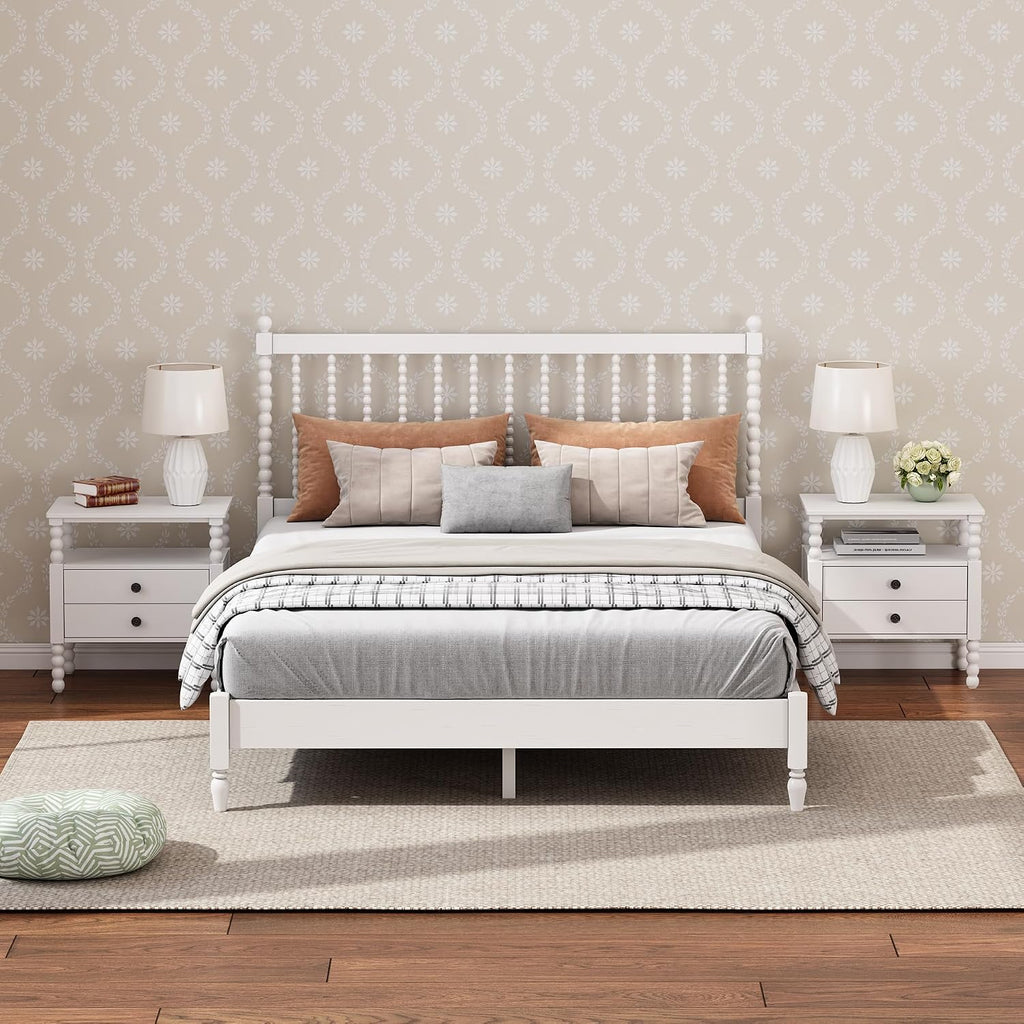 3 s Bedroom Sets King Size Wood Platform Bed with Gourd Shaped Headboard, Antique White