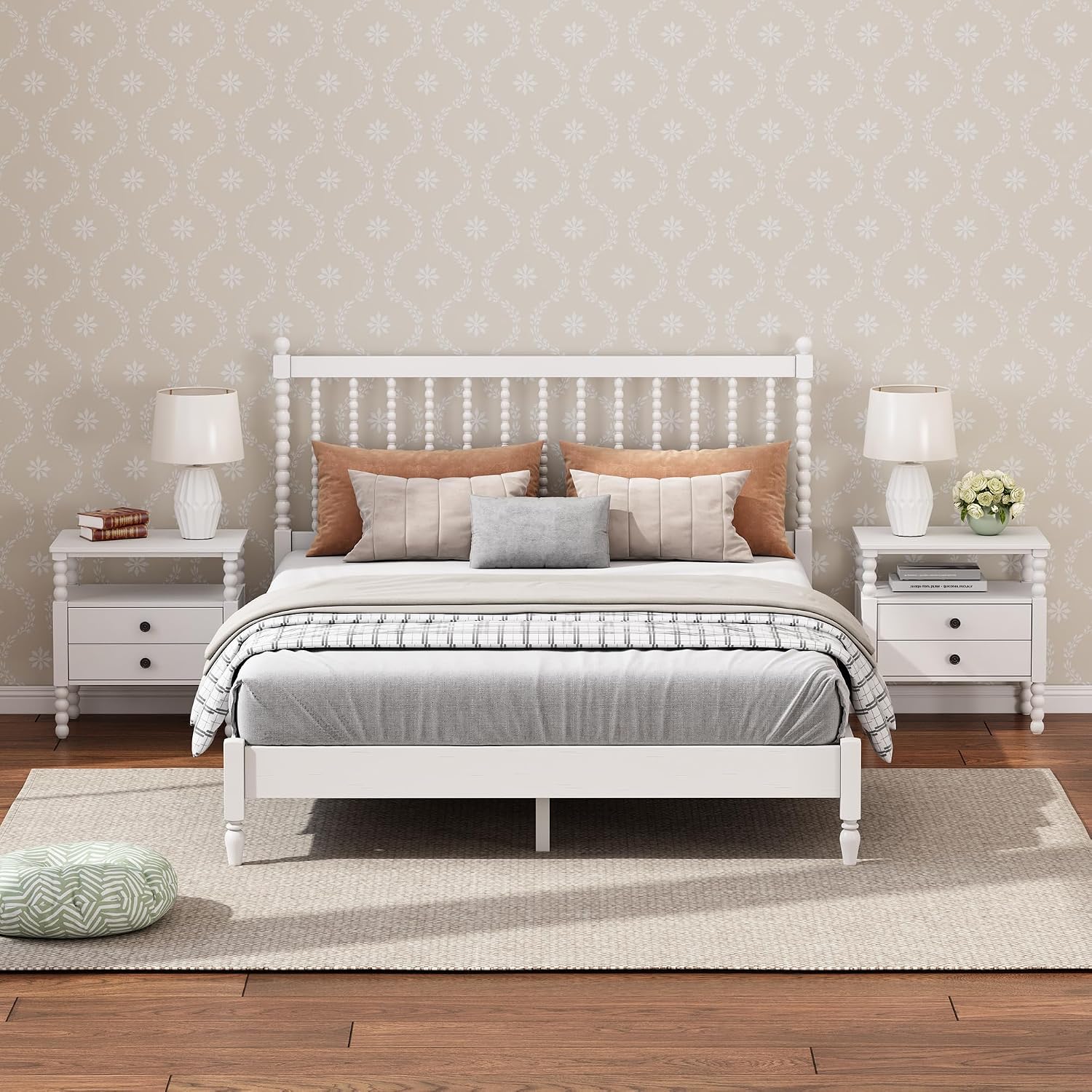 3 s Bedroom Sets King Size Wood Platform Bed with Gourd Shaped Headboard, Antique White