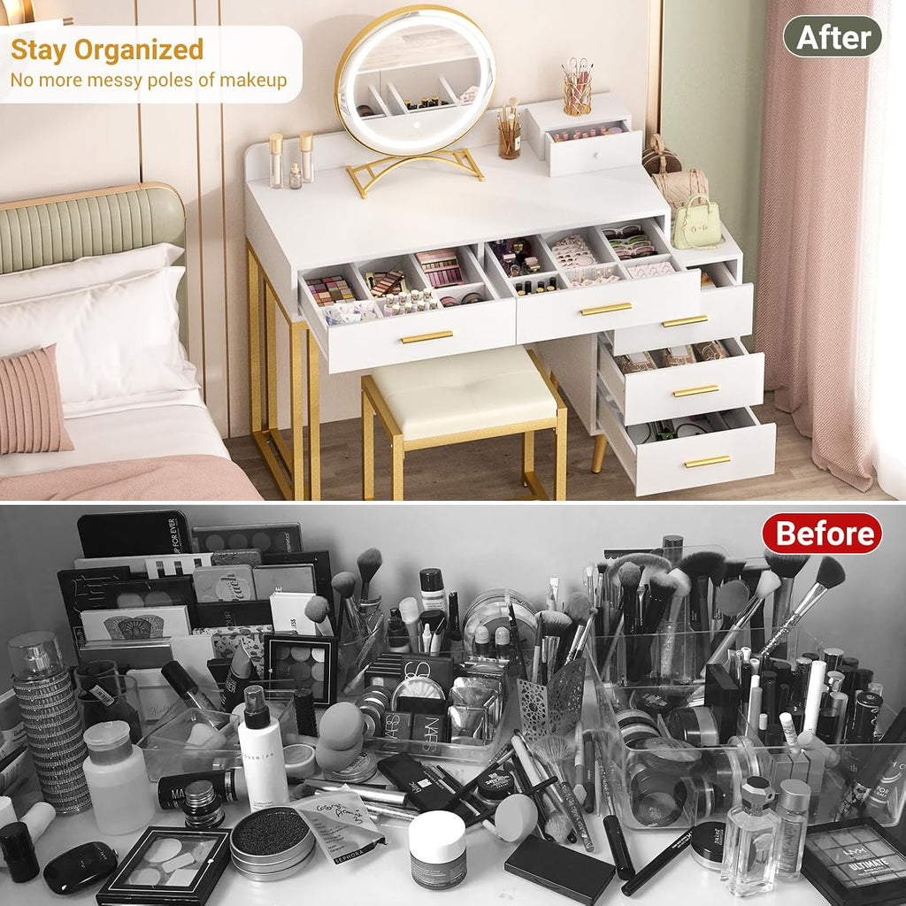 Armocity White Vanity Desk with Mirror and Lights, Modern Makeup Vanity Table Set with 6 Storage Drawers and Cushioned Stool for Bedroom, Dressing Table with Divided Organizers for Women Girls, White