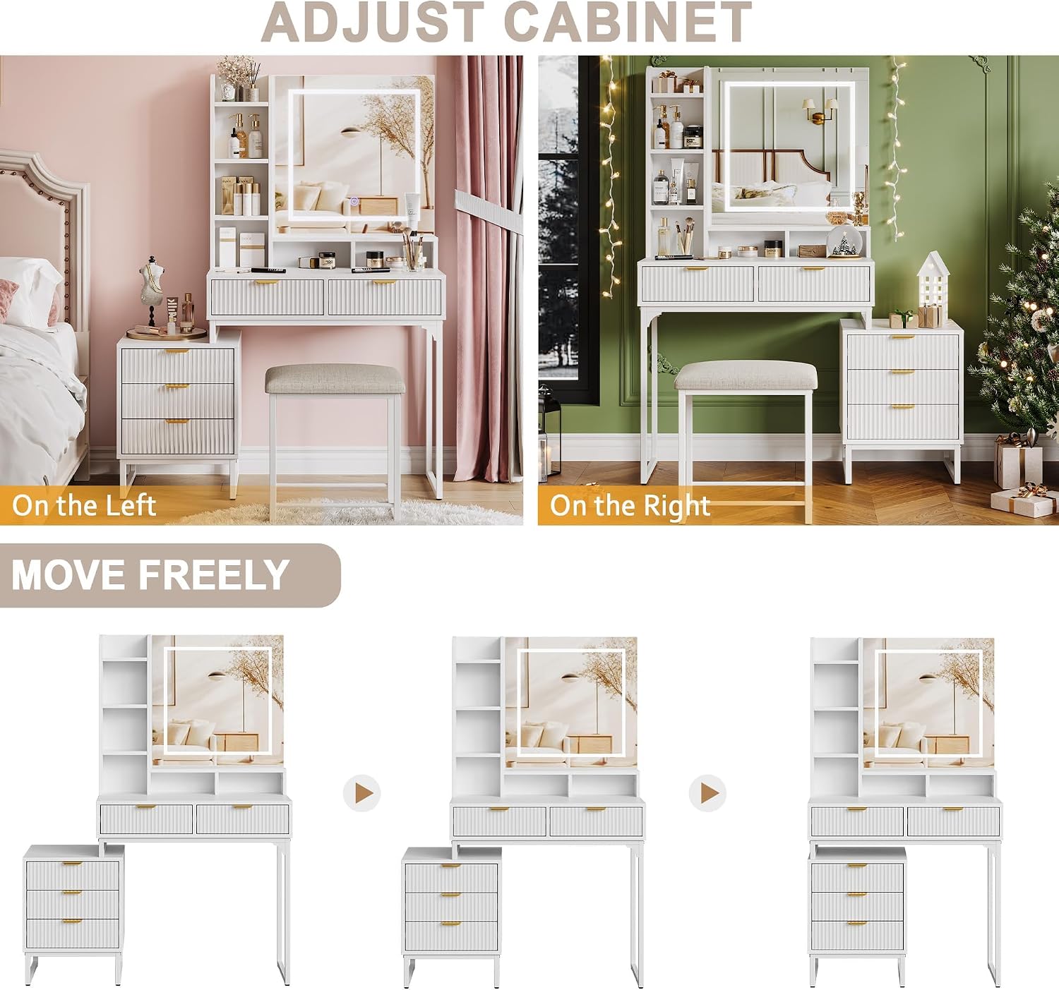 Makeup Vanity Desk with Mirror and Lights, Vanity Table Set with 3 Adjustable Lighting Colors, Dressing Table With 5 Large Drawers and Cushioned Stool, White Bedroom Vanity for Girls Women, White