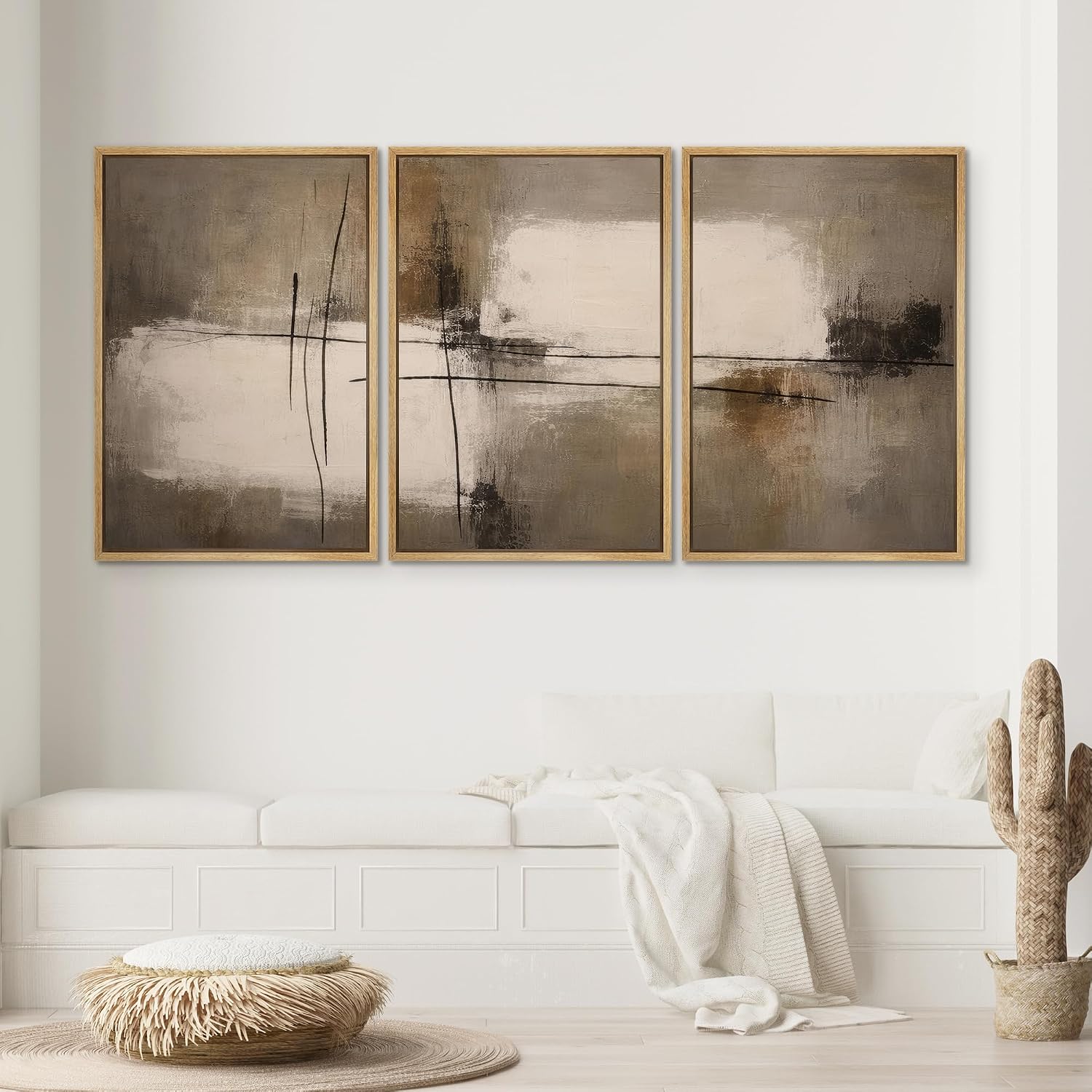 SIGNWIN Framed Canvas Print Wall Art Set Modern Neutral Abstract Lines Minimalist Taupe and Black Geometric Illustrations Modern Art Decorative for Living Room, Bedroom, Office - 16'x24'x3 Natural