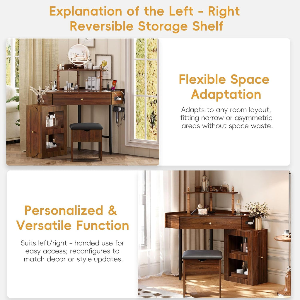 Corner Vanity Desk Set with Storage Cushioned Stool and Charging Station, Triangle Makeup Desk with Removable Pull-Out Side Cabinet, Glass Tabletop, Drawer and Shelf (Walnut)
