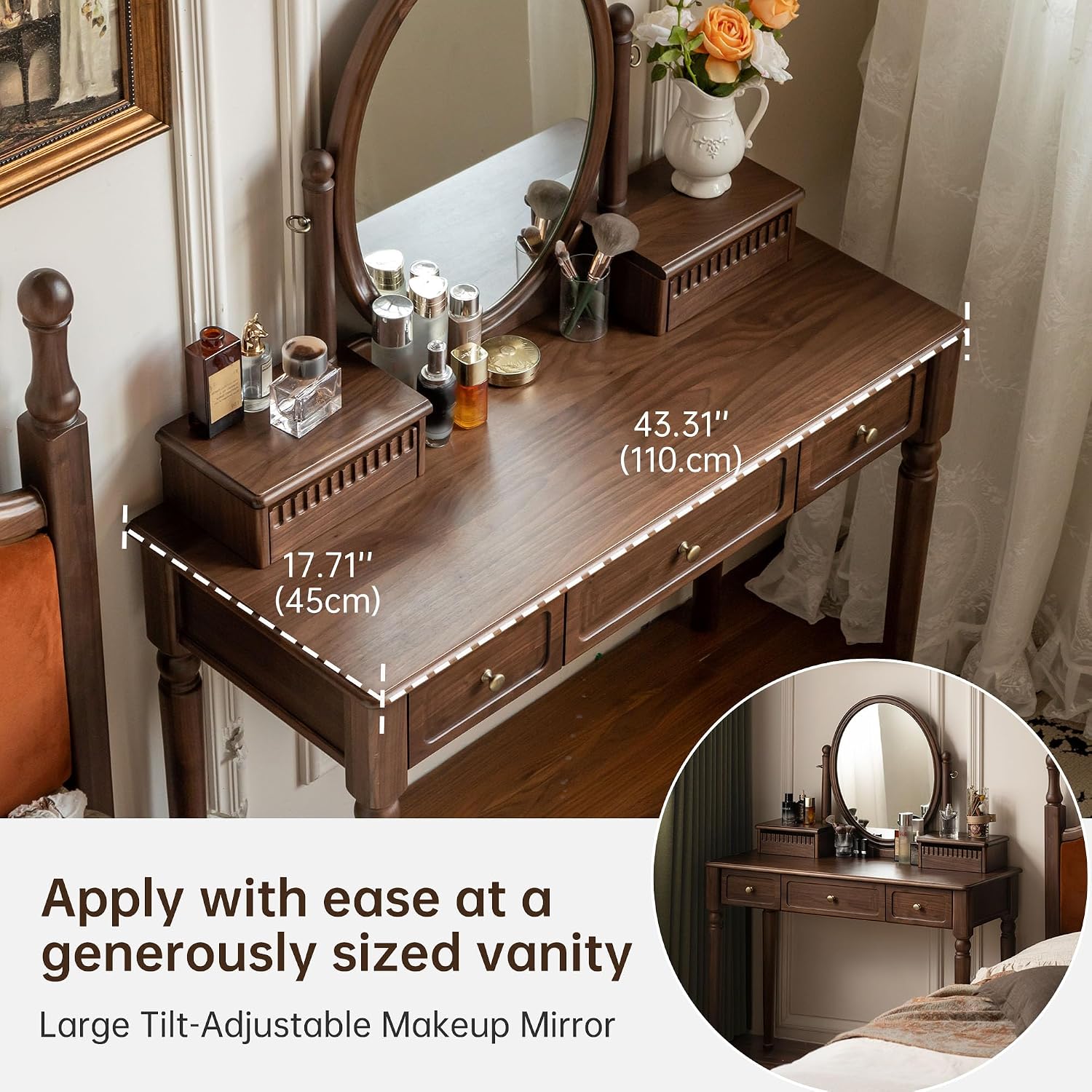 Vintage Vanity Desk with Rotating Mirror, Solid Walnut Dressing Table for Bedroom, Dark American Style Vanity, 37' W x 18' D x 56' H