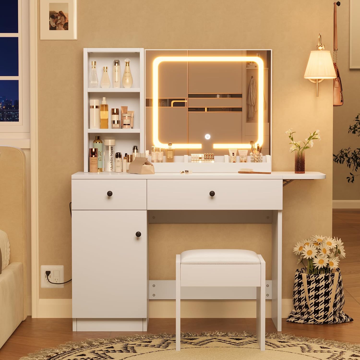 GarveeHome Makeup Vanity Desk with Mirror and Lights, Vanity Table Set with Drawer & Power Outlet & Chair & 3 Shelves, Bedroom, White