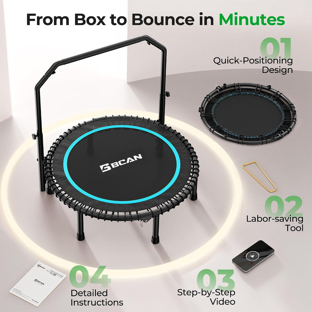 BCAN BT2 450/550LBS Mini Rebounder Trampoline for Adults with Bar, Fitness Trampoline with Bungees, Adjustable Handle, Stable & Quiet, Indoor Outdoor, Whole-Body Workout & Relaxation at Home-40IN/48IN