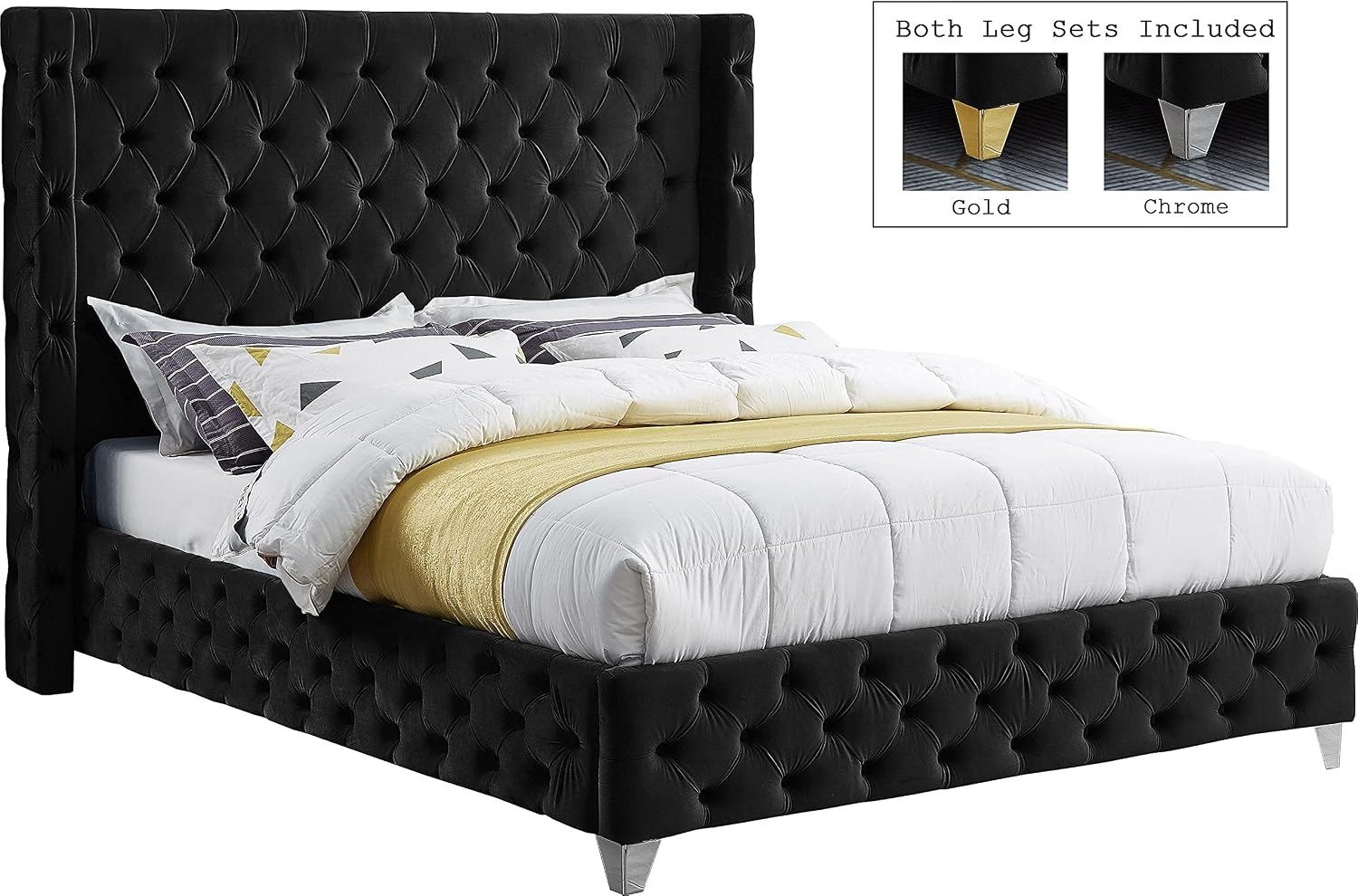 Meridian Furniture SavanBlack-F Savan Collection Modern | Contemporary Velvet Upholstered Bed with Deep Button Tufting in Gold or Chrome Finish, 66' W x 81' D x 56' H, Black, Full