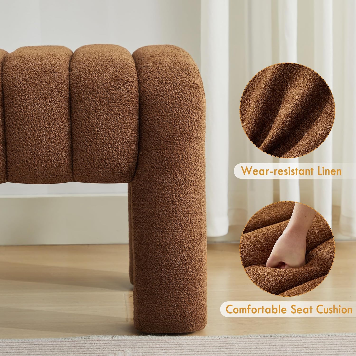 43' Upholstered Boucle Bench Bedroom, Padded Ottoman Bench, Sherpa Window Seat for Living Room Entryway End of Bed, Rust Brown