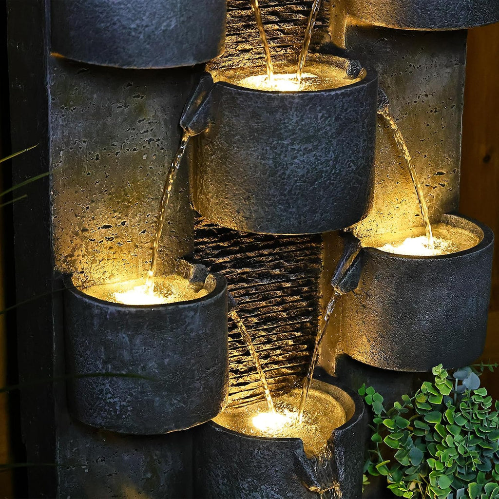 Tankana Outdoor Water Fountain Garden - Waterfall Large Water Feature Fountains with LED Lights & Pump, Concrete Artistry for Patio Yard Pool Home Decor, (45 inches Tall, Gray)