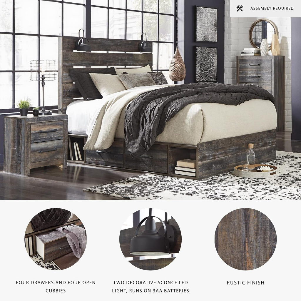 Signature Design by Ashley Drystan Rustic King Panel Platform Bed with 4 Storage Drawers, Open Cubbies, Sconce LED Lights and USB Ports, Foundation or Box Spring Not Needed, Dark Brown & Gray