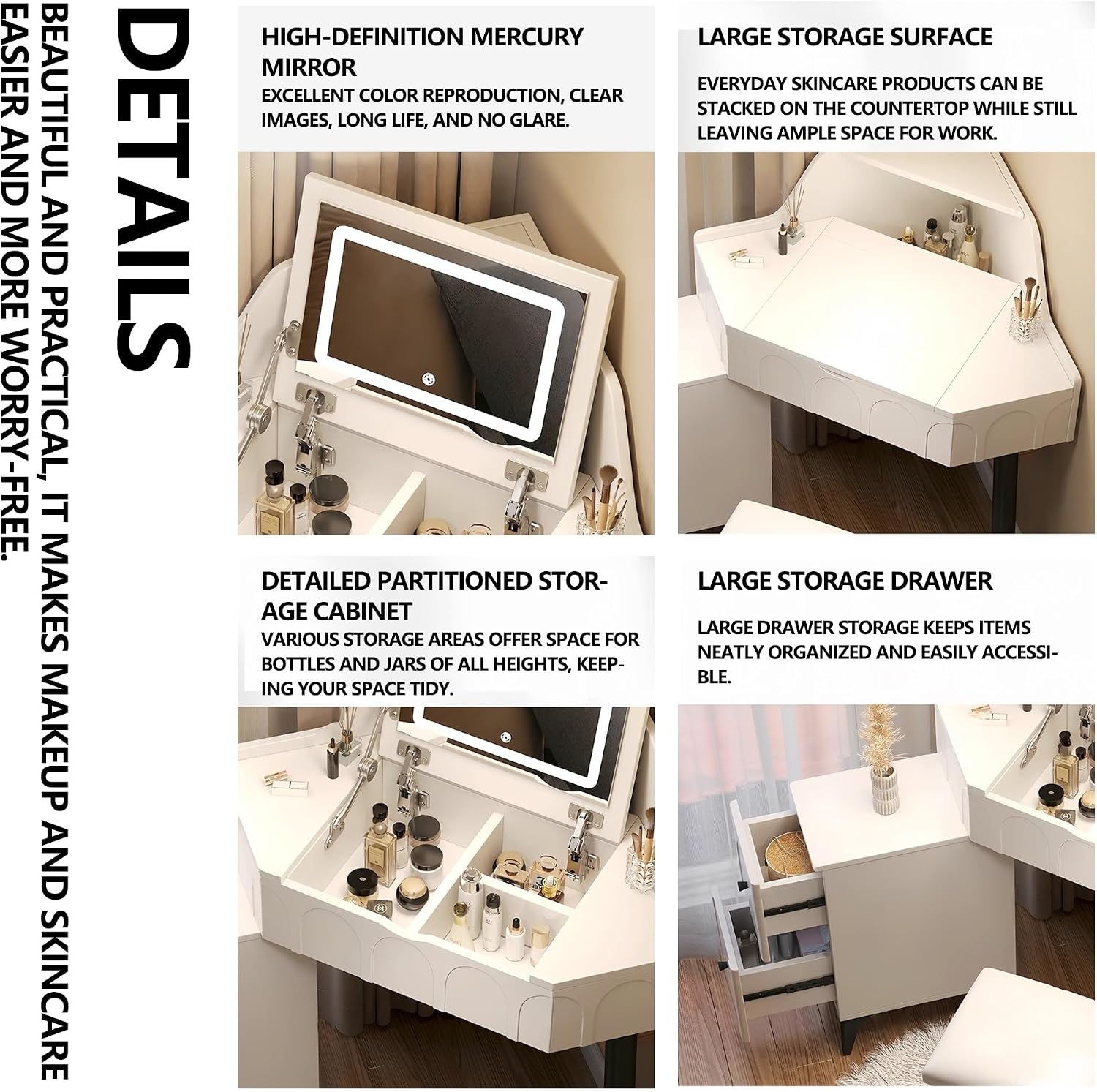 Modern Flip Top Vanity Table with LED Mirror and Drawers, Corner Dresser with Side Storage Cabinet in Small Space, Makeup Desk with Ergonomic Chair(Gray,W/CHR-A)