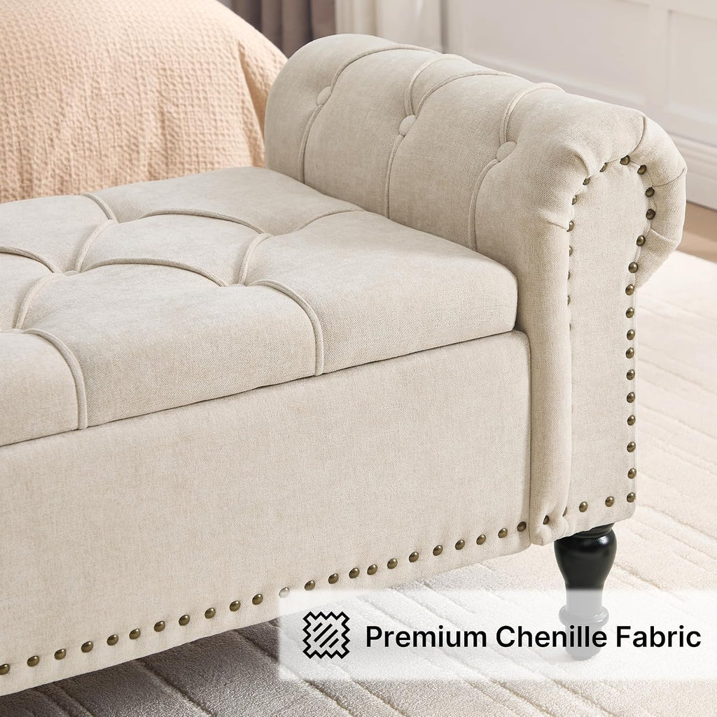 Storage Bed Bench for Bedroom, Chenille 67' End of Bed King Size Benches with Armrest, Tufted Button Upholstered Ottoman Bench for Living Room, Entryway, Camel
